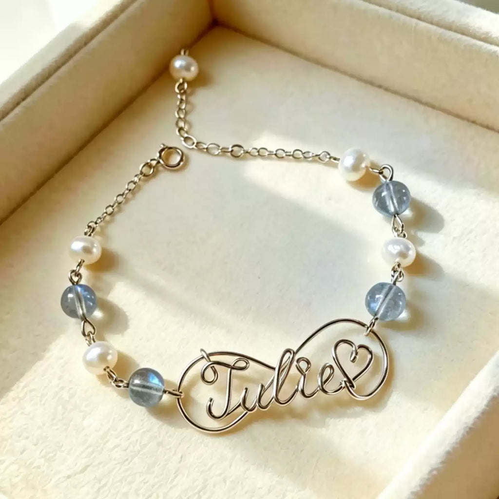 Personalized Wire Name Bracelet with Freshwater Pearls & Moonstone