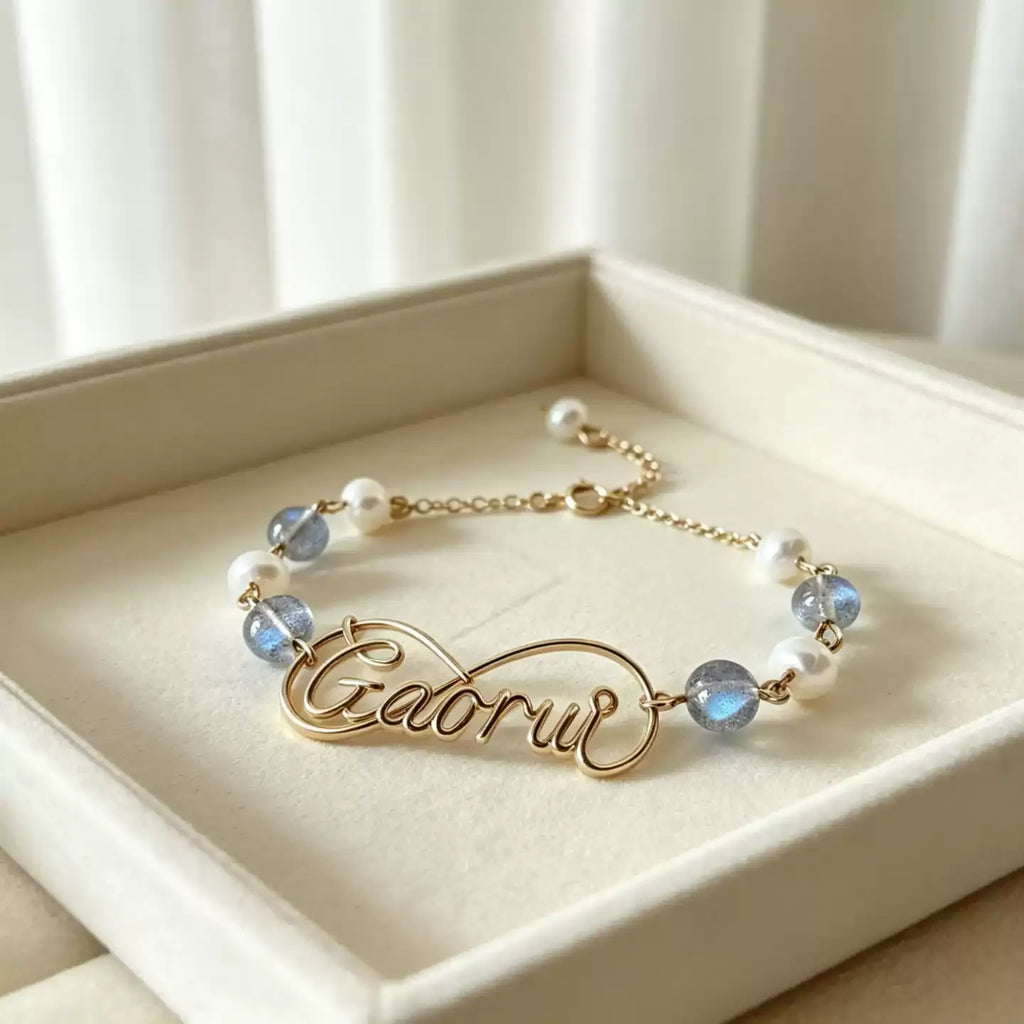 Personalized Wire Name Bracelet with Freshwater Pearls & Moonstone