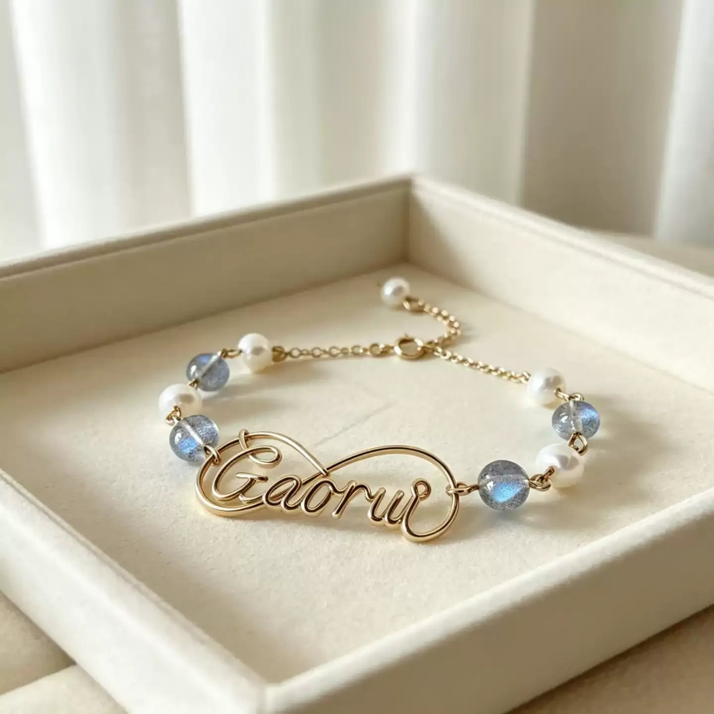 Personalized Wire Name Bracelet with Freshwater Pearls & Moonstone