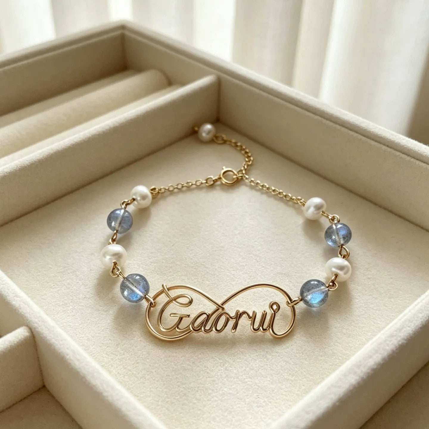 Personalized Wire Name Bracelet with Freshwater Pearls & Moonstone